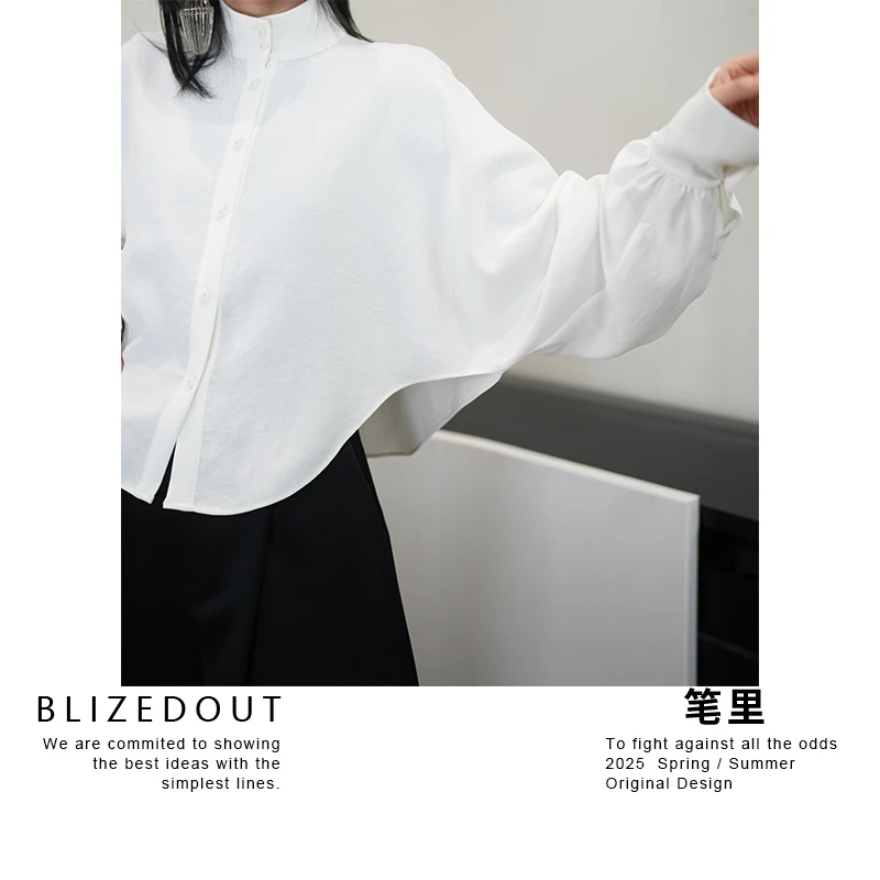 笔里【BLIZEDOUT】原创设计师白色中式立领弧型下摆小众衬衫6010302