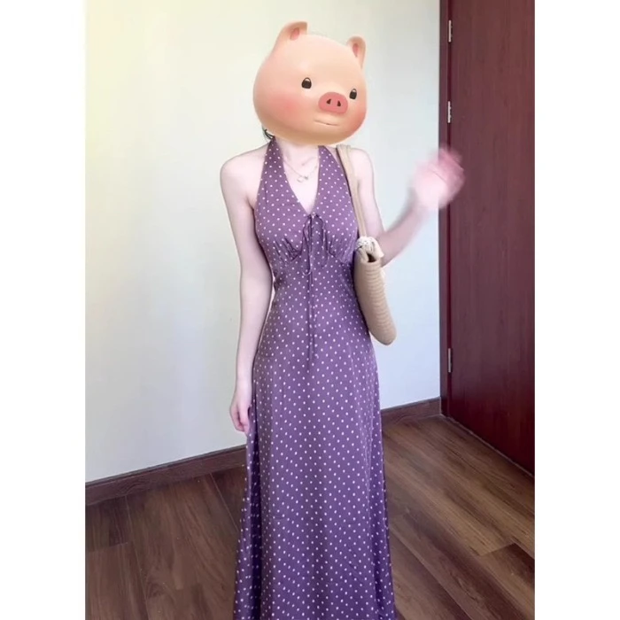 乔壹 法式韩风格紫色波点挂脖V领收腰显瘦长裙女春夏法式连衣裙