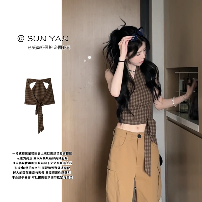 孙妍夏款【布鲁格调】休闲复古V领挂脖无袖百搭绑带格子背心