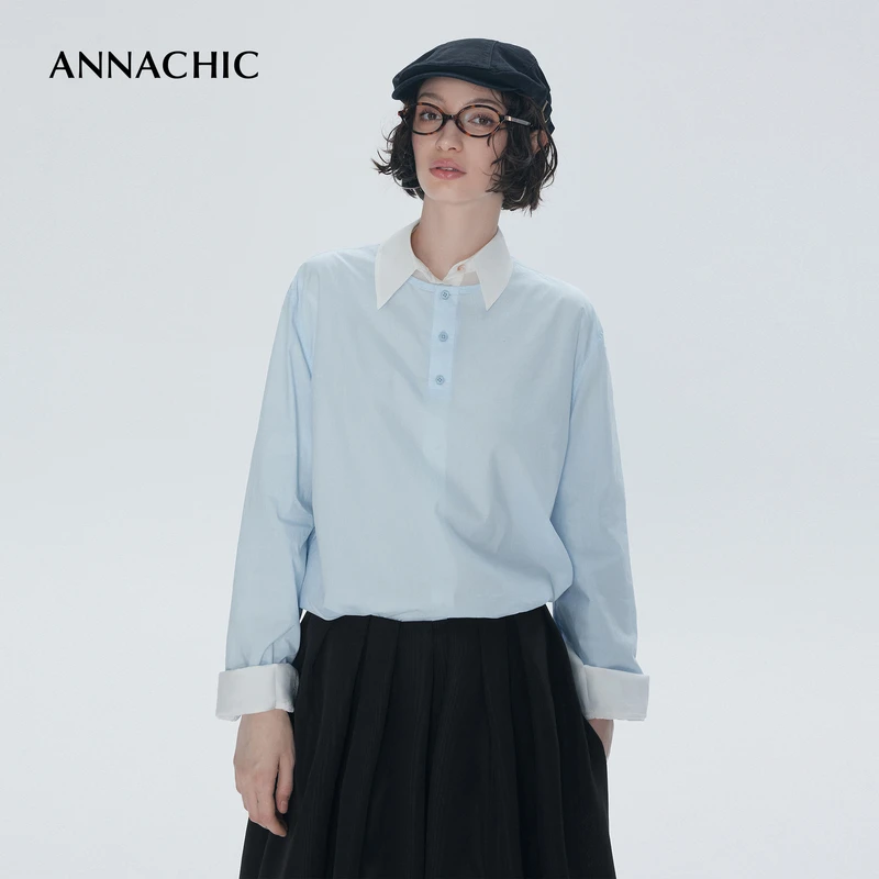 ANNACHIC“实穿系列”棉质亲肤无领衬衫/薄款宽松上衣/防晒衬衣