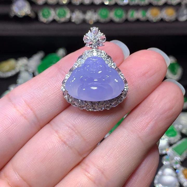 翡翠18K金镶嵌颈饰冰紫佛公