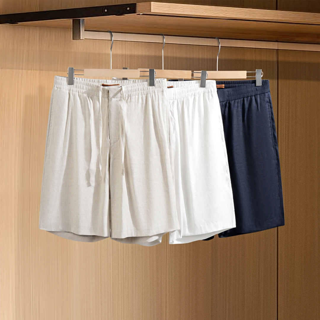 【ZZ绿洲系列】 高档舒适透气亚麻混纺 夏季男士松紧腰宽松休闲短裤