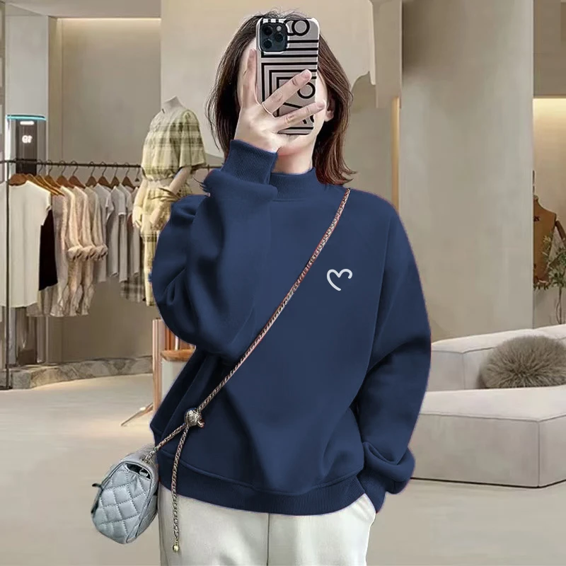 新款拼色时尚宽松秋冬遮肉大码卫衣衫半高领重磅长袖套头上衣女装