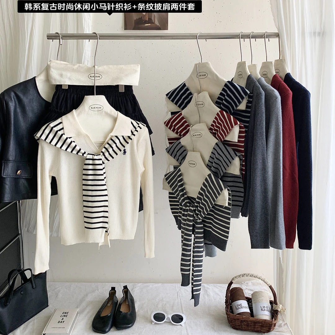 韩系复古polo翻领小刺绣长袖针织衫女早秋休闲气质百搭配披肩上衣
