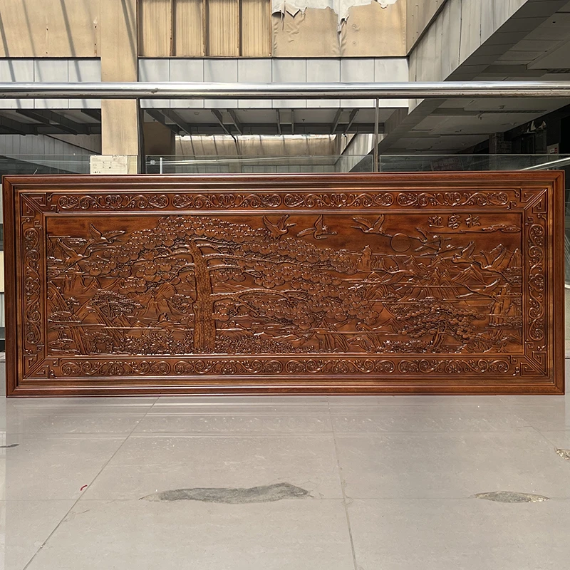 东阳木雕客厅壁挂迎客松装饰中式牌匾实木沙发背景墙装饰画横屏