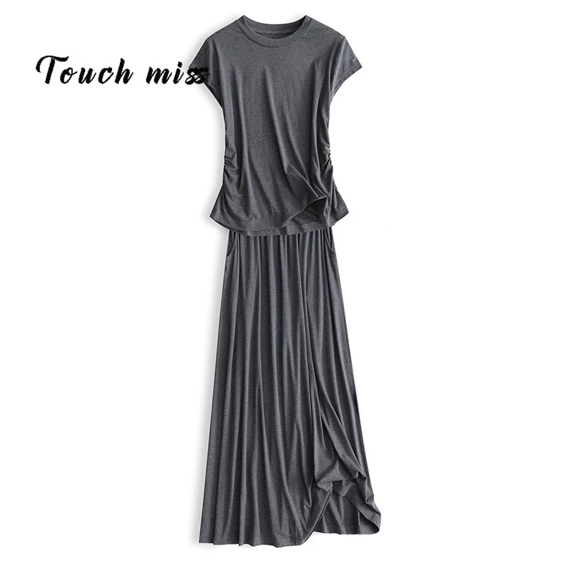TOUCH MISS慵懒风夏季时尚套装女圆领轻薄收褶T恤+松紧腰半身裙子