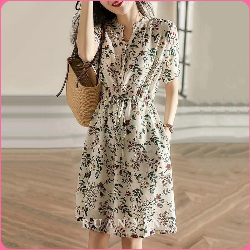 RUAN YIN法式碎花洋装女夏2025新款设计感气质收腰系带中长版花色