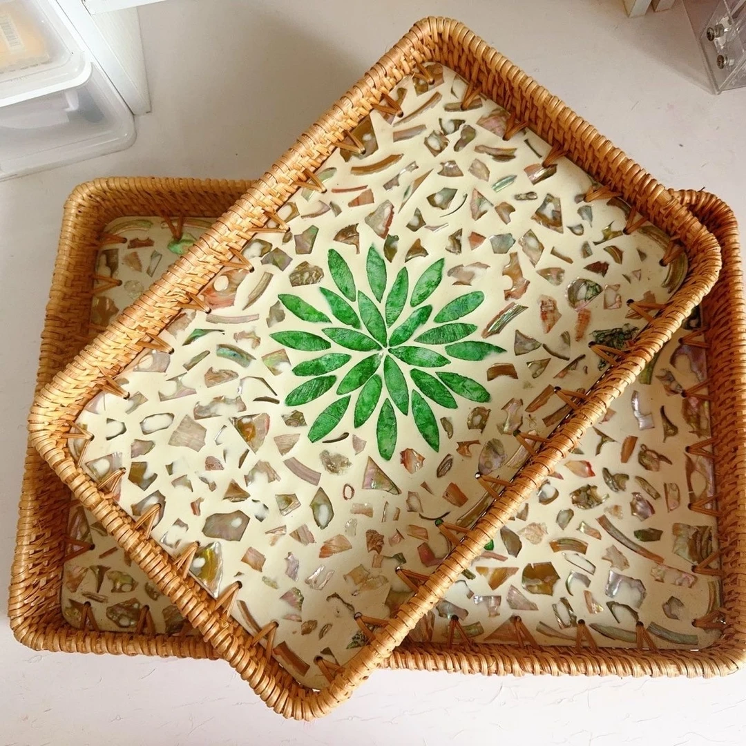 越南贝壳创意彩贝收纳编织家用水果盘托盘手工藤编零食点心篮