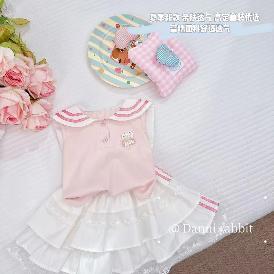 【Dannirabbit】*夏季女童学院风无袖海军领+蕾丝花边裙套装X-7753
