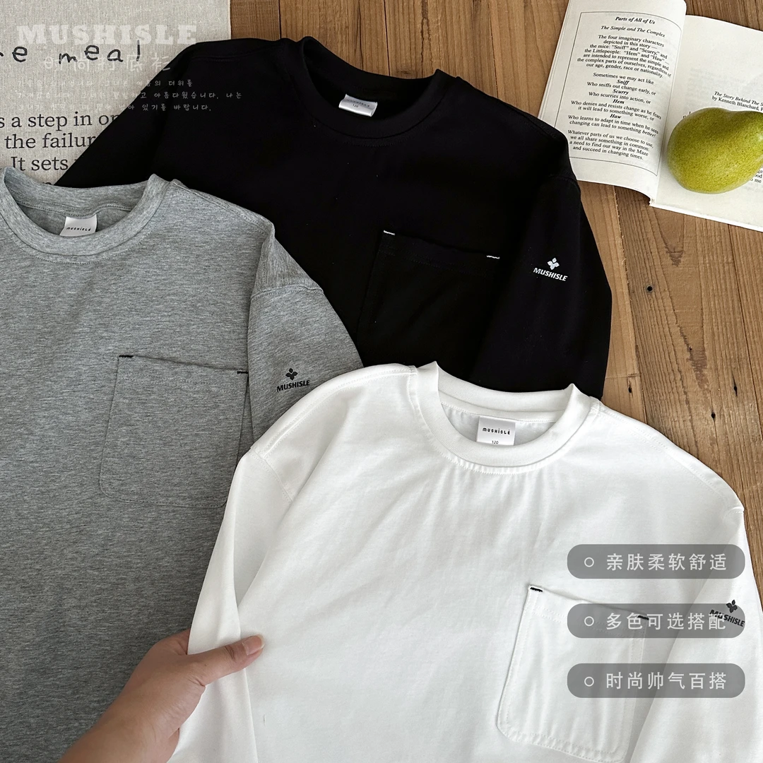 阿又冬季童装男童中大童亲子圆领百搭白T长袖99229D