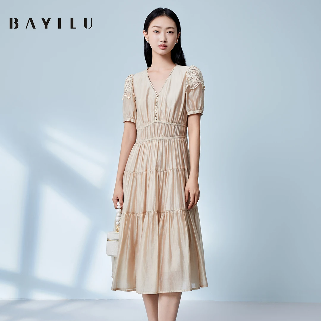 【诗语粉丝专享】芭依璐夏季连衣裙女v领收腰天丝长裙90L7635