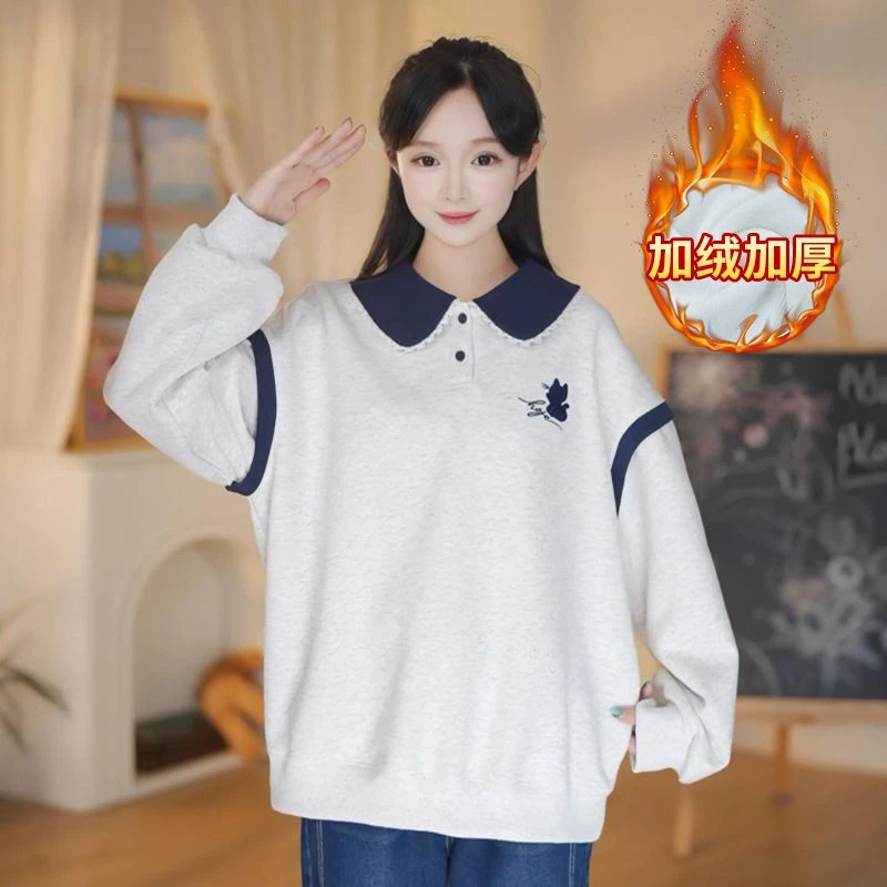 官图特价加绒卫衣秋冬新款初中生学生中长宽松刺绣娃娃领保暖上衣