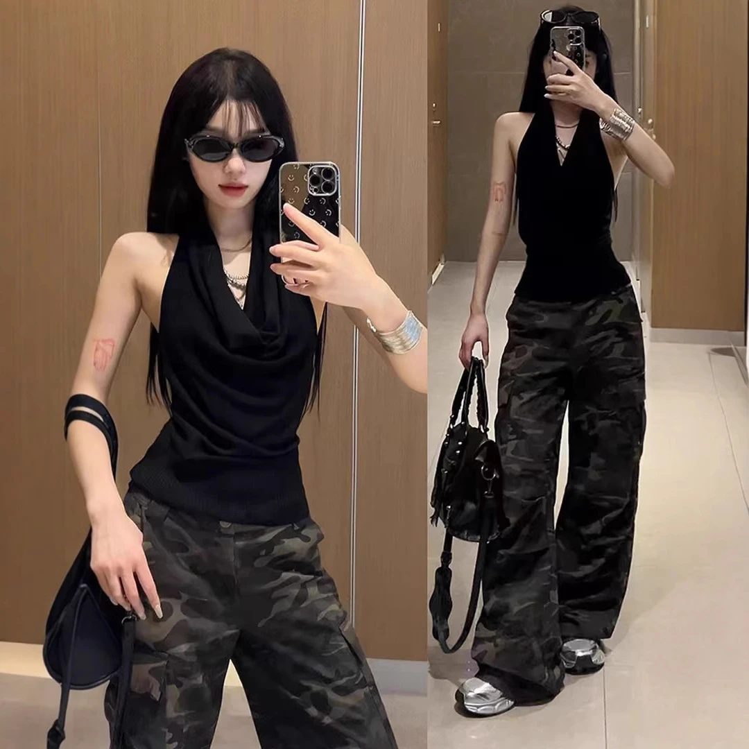 挂脖荡领无袖背心女夏季外穿收腰紧身设计感小众别致辣妹露肩上衣