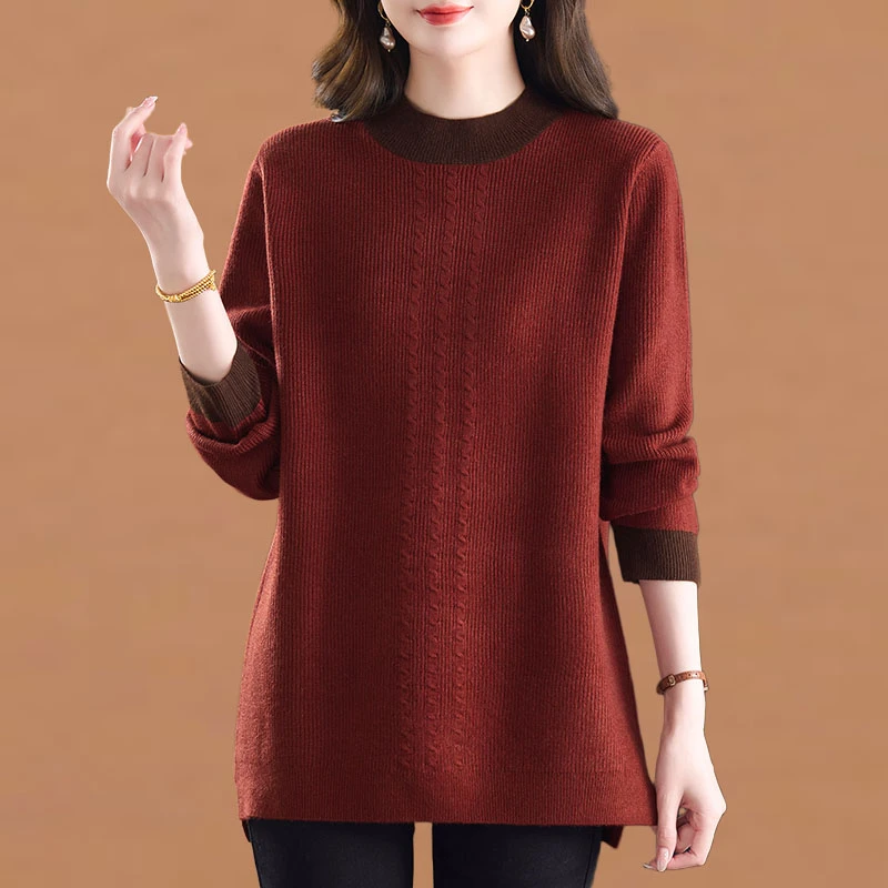 半高领拼色针织衫女秋冬新款妈妈宽松大码遮肚打底衫中长款毛衣裙