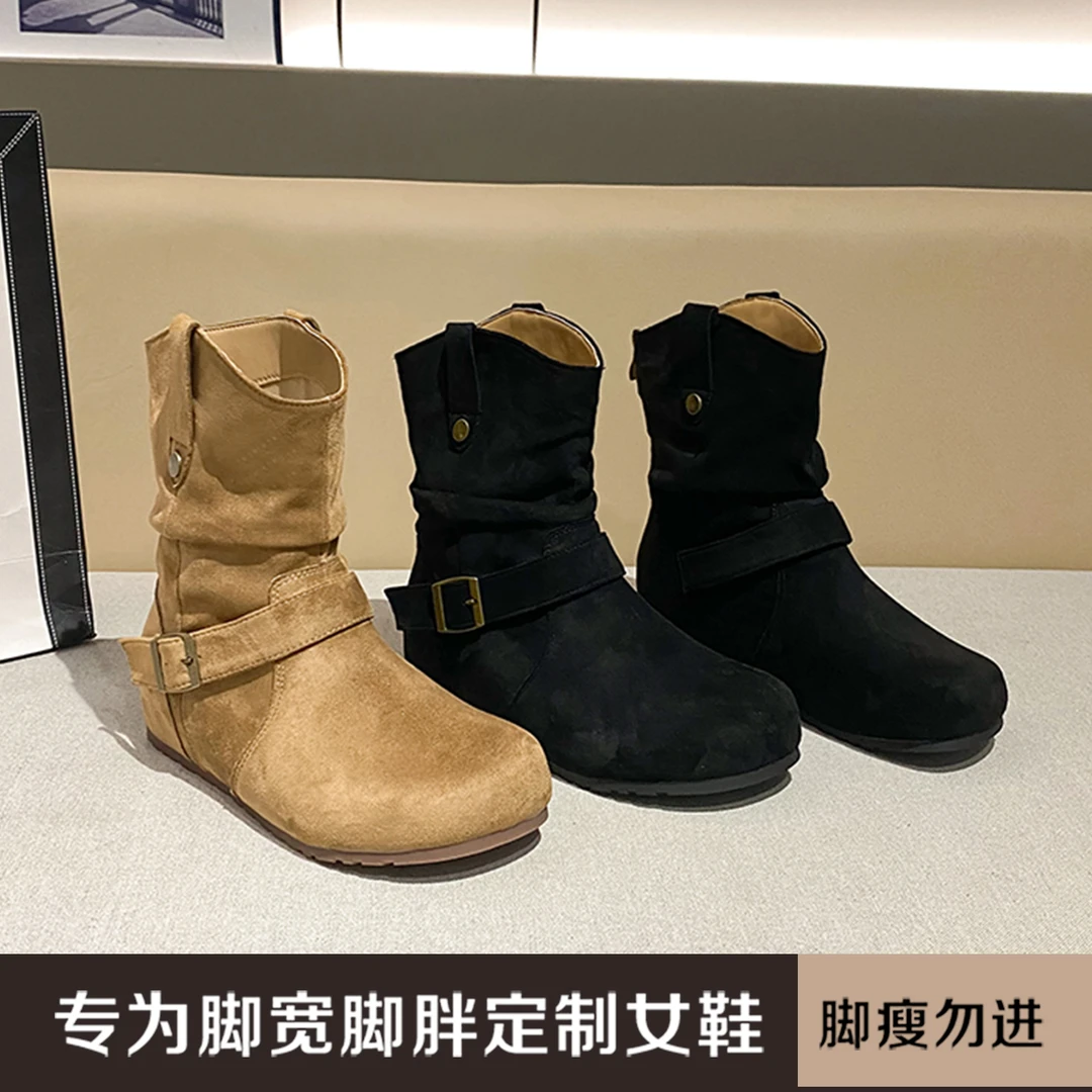 加肥加宽胖MM胖脚褶皱堆堆靴磨砂金属扣西部牛仔大码女靴JS56708