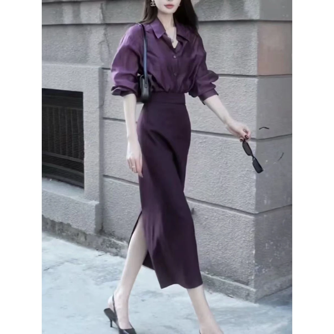 春装搭配一整套干练气质职业女装紫色衬衫半身裙盐系轻熟两件套装