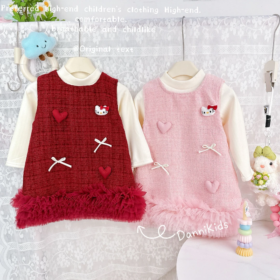 女童爱心小猫背心连衣裙套装时髦宝宝秋冬季儿童秋冬款长袖公主裙