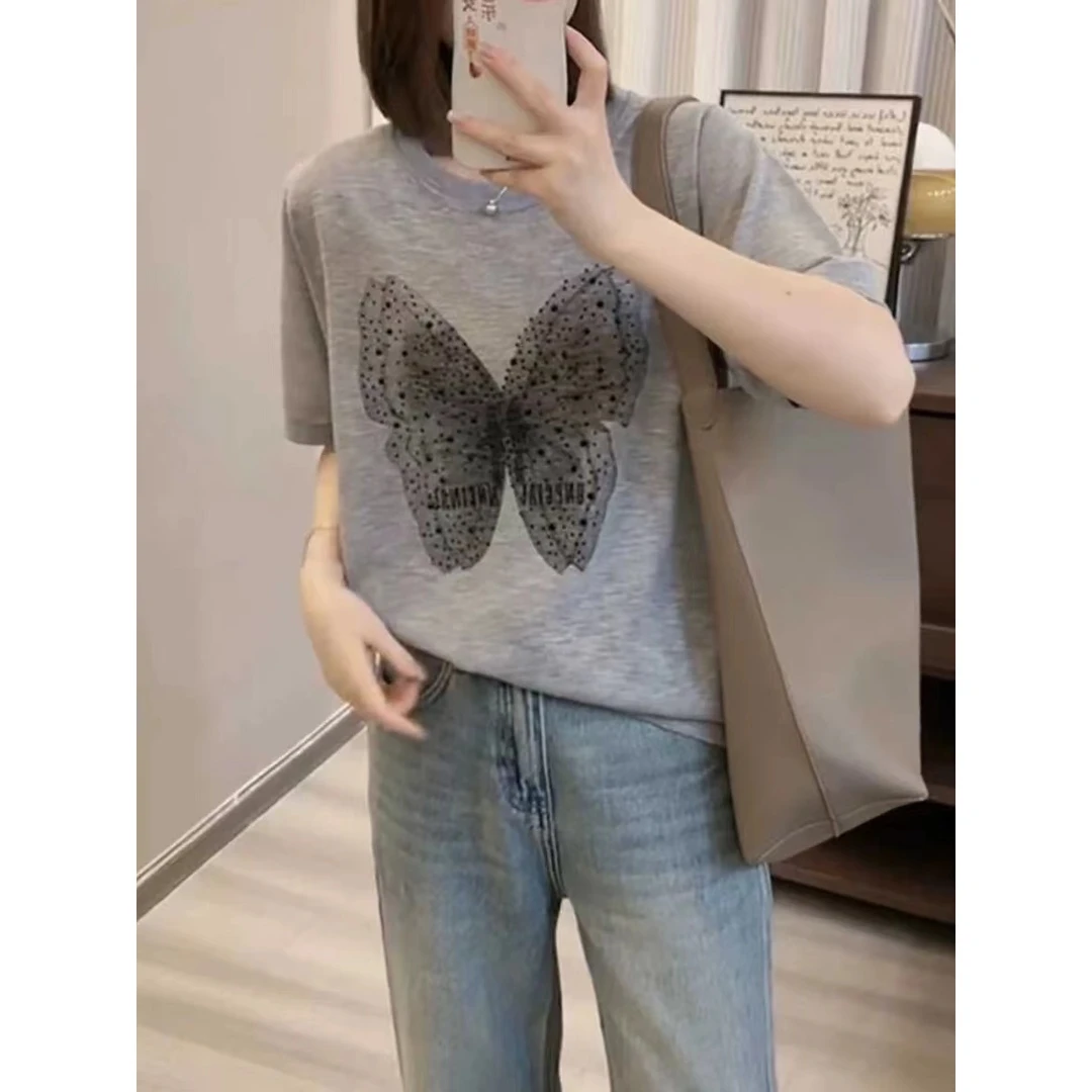 大码夏季设计感宽松短袖T恤女胖mm正肩显瘦时尚洋气烫钻蝴蝶上衣