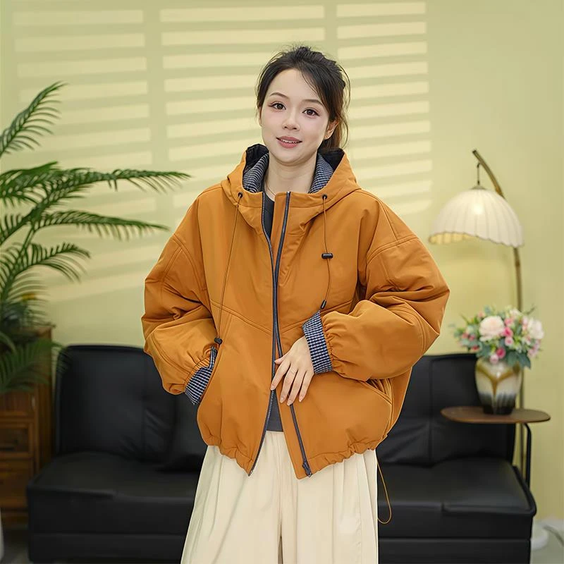 2025秋冬季新款女士休闲撞色连帽夹棉外套棉衣显瘦保暖加厚棉服潮