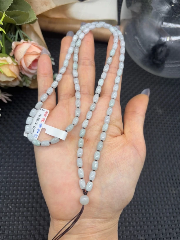 福利天然缅甸翡翠A货白月光米珠4mm桶珠转运珠玉石挂件绳毛衣链