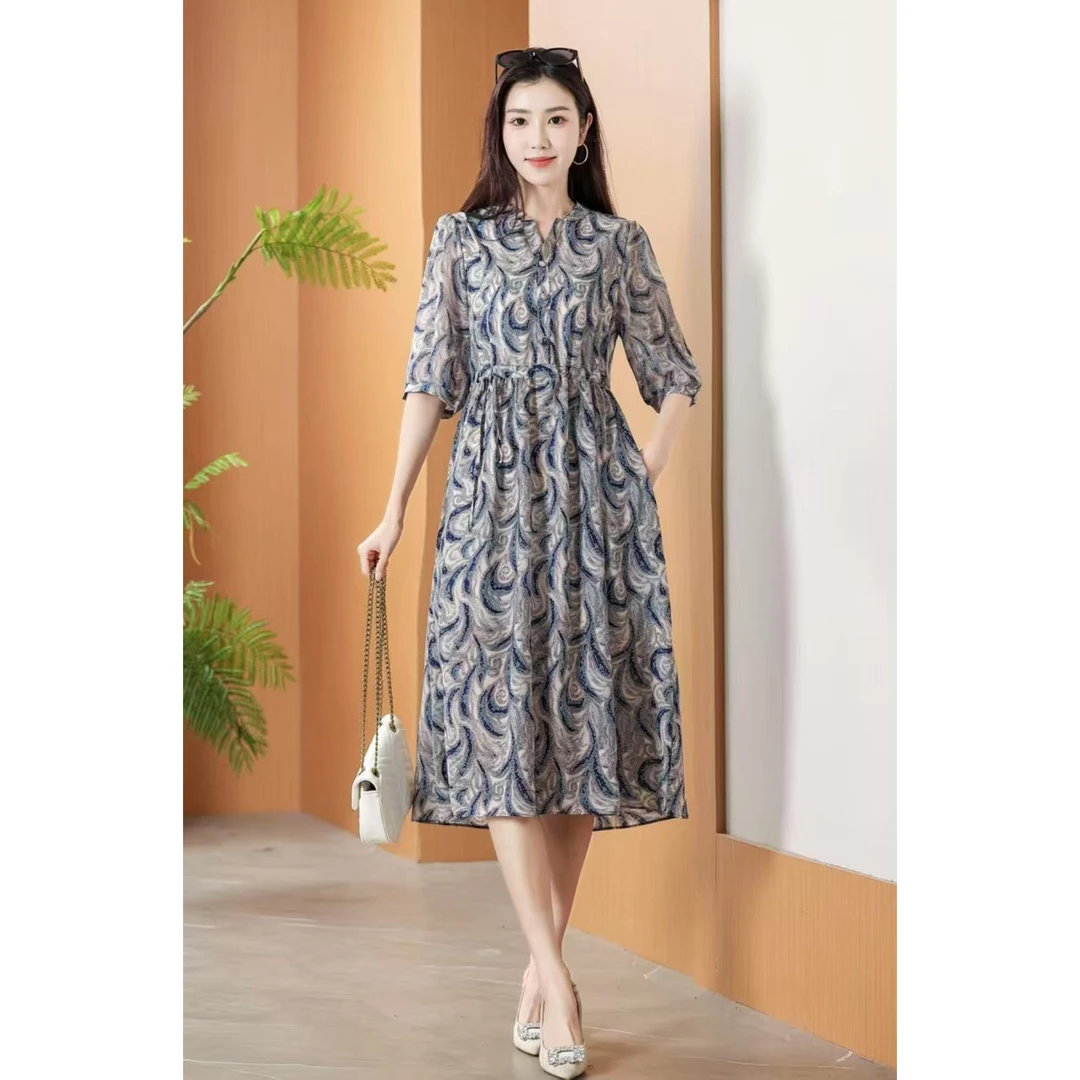 【SX星空花纹】25新款腰果花纹优雅风妈妈装夏季连衣裙子2353