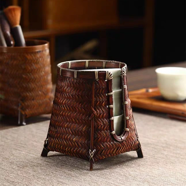 禅意 U形竹编杯篓 茶杯收纳筒 茶具收纳筐 功夫茶道零配