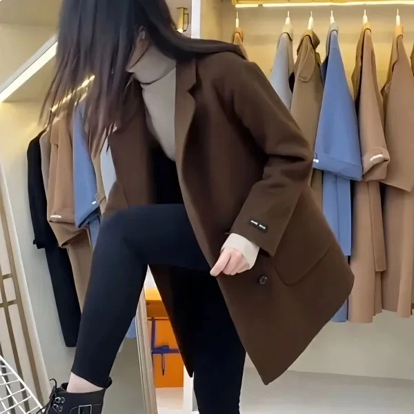 春秋冬女中长款双面毛呢外套显瘦百搭高级感时尚休闲风