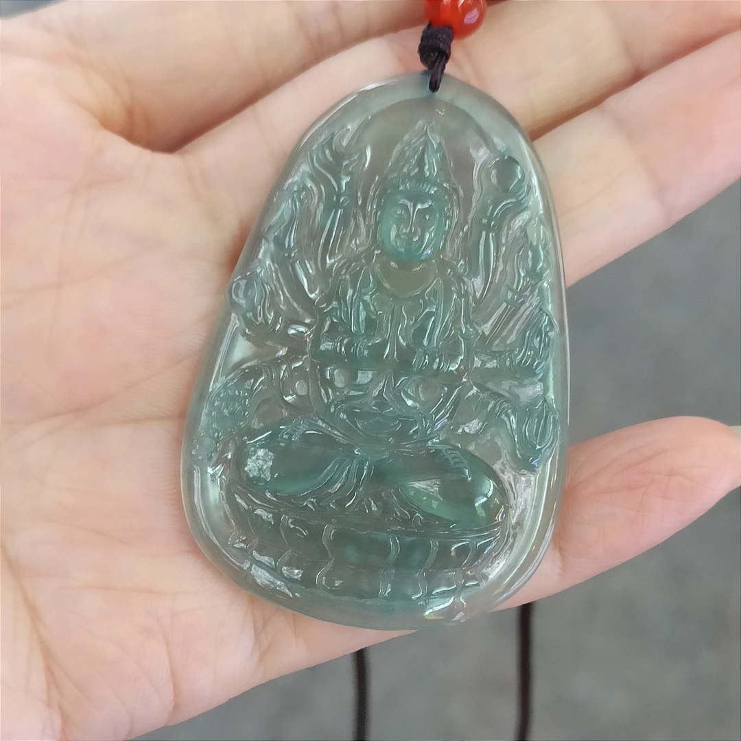 翡翠A货蓝水鼠生肖守护神本命佛千手观音菩萨椭圆牌吊坠挂件赠绳