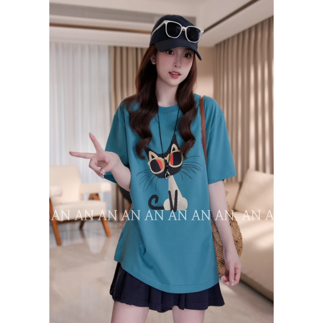 C07096韩系时尚宽松潮流百搭设计感墨镜小猫短袖大版T恤