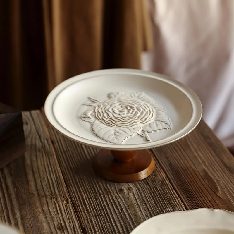 中古风高脚果盘家用零食盘下午茶歇精致摆盘蛋糕甜品盘浮雕茶点碟