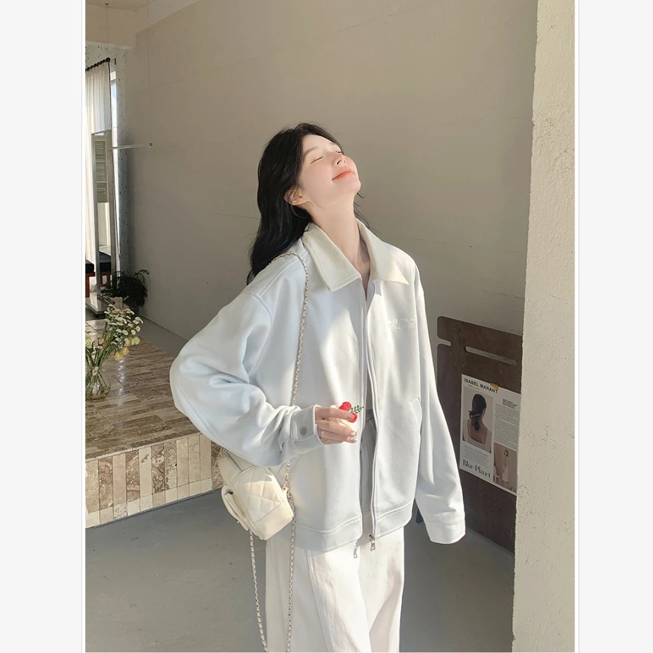浅蓝色韩系撞色拼接翻领外套女2025早春新款休闲时尚减龄百搭夹克