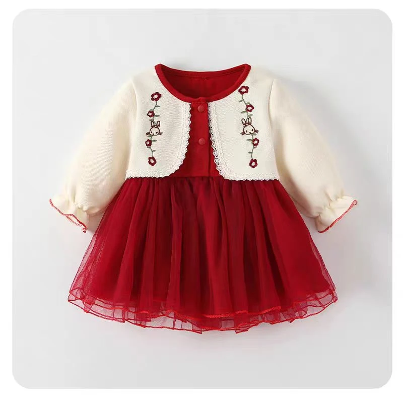 8017周岁女宝宝礼服春装女童红色连衣裙女宝抓周宴公主裙春款裙子