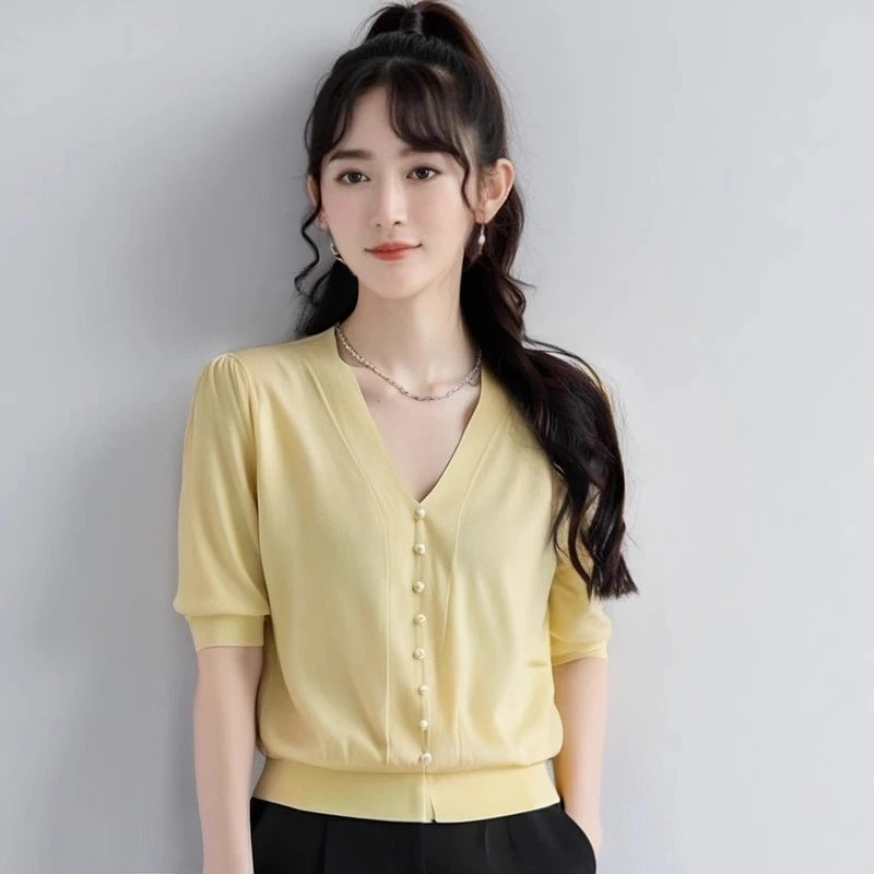 小香风气质V领短袖单排扣上衣T恤女夏季薄款显瘦泡泡袖冰丝针织衫