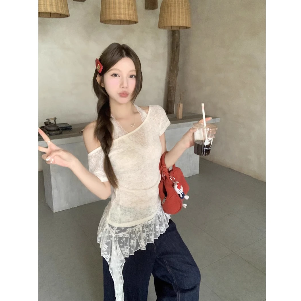 纯欲套装微透薄款短袖T恤女2025夏季内搭蕾丝吊带背心显瘦两件套