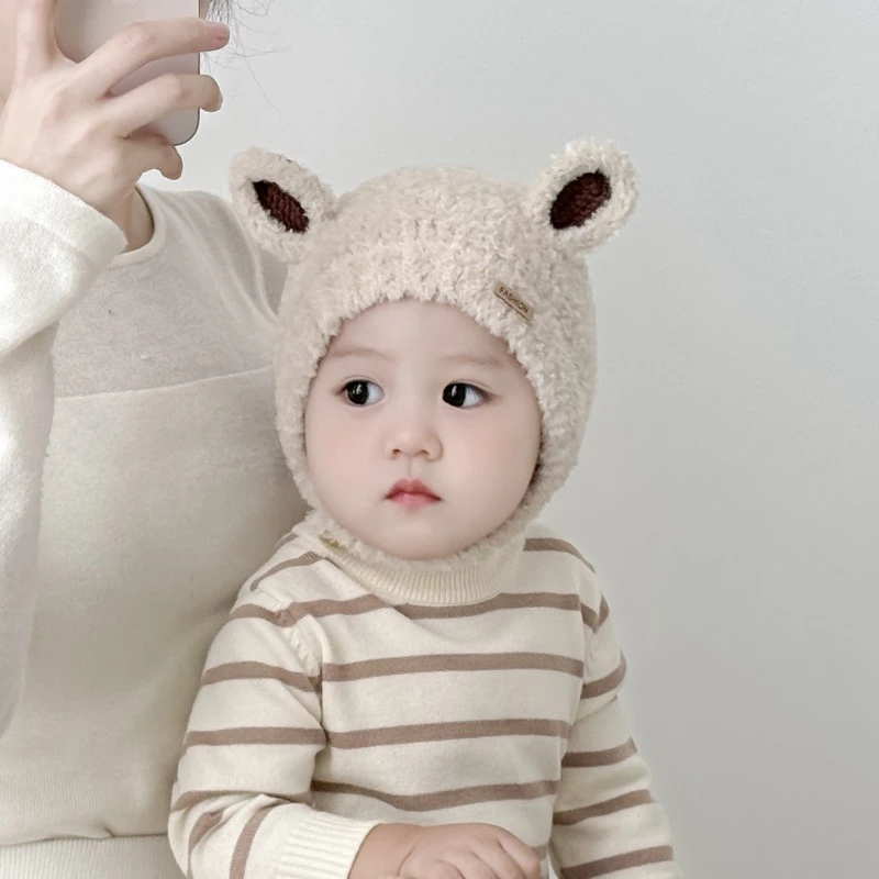 宝宝可爱套头帽冬季婴幼儿针织棉护耳帽圆顶女宝加厚保暖毛绒帽