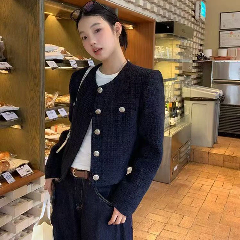 藏蓝色法式松弛感小香风外套2025秋季设计感单排扣气质短款上衣