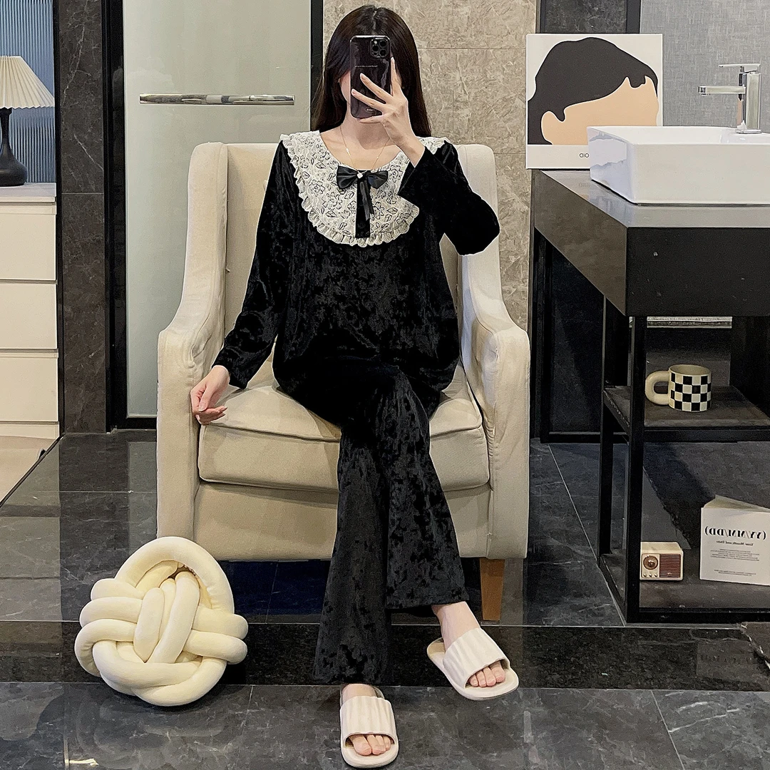 金丝绒睡衣女秋冬季新款黑色蝴蝶结长袖长裤蕾丝高级感家居服套装
