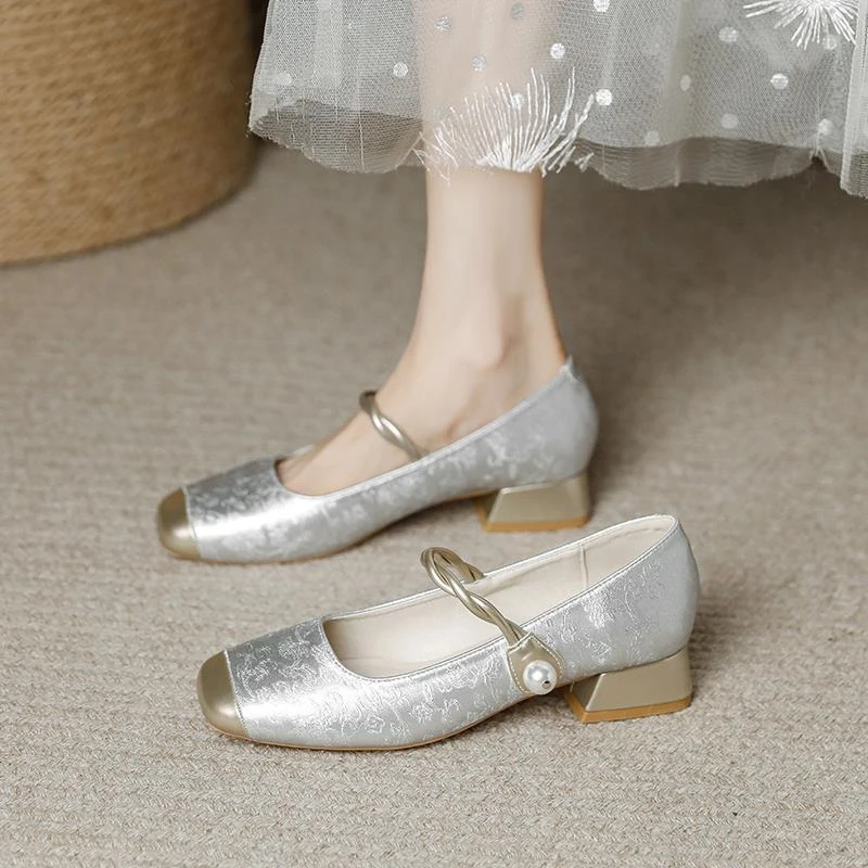 羊皮版~银色单鞋女夏季一脚蹬粗跟新中式国风旗袍百搭玛丽珍女鞋