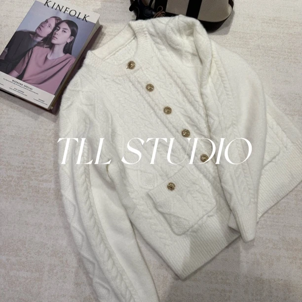 ALIN 秋冬新款 圆领 绞花菱形 立体针织 开衫 高级 时尚 百搭