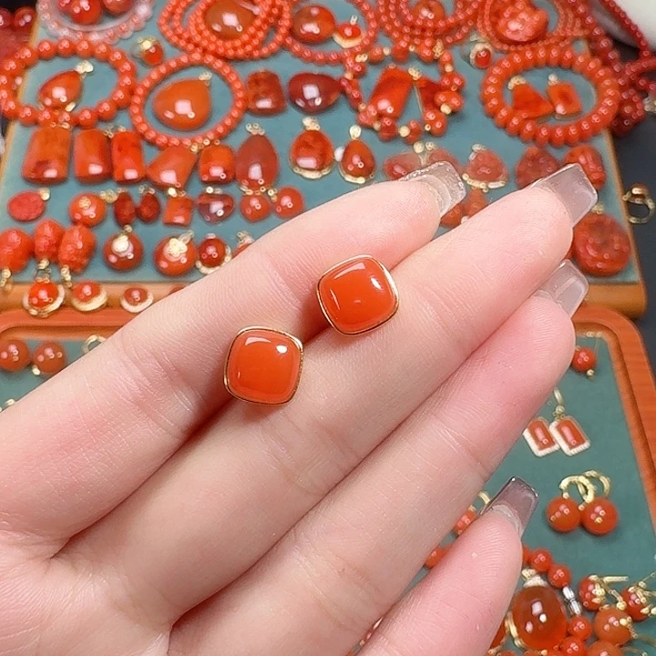 南红玛瑙银S925镶嵌耳饰9+