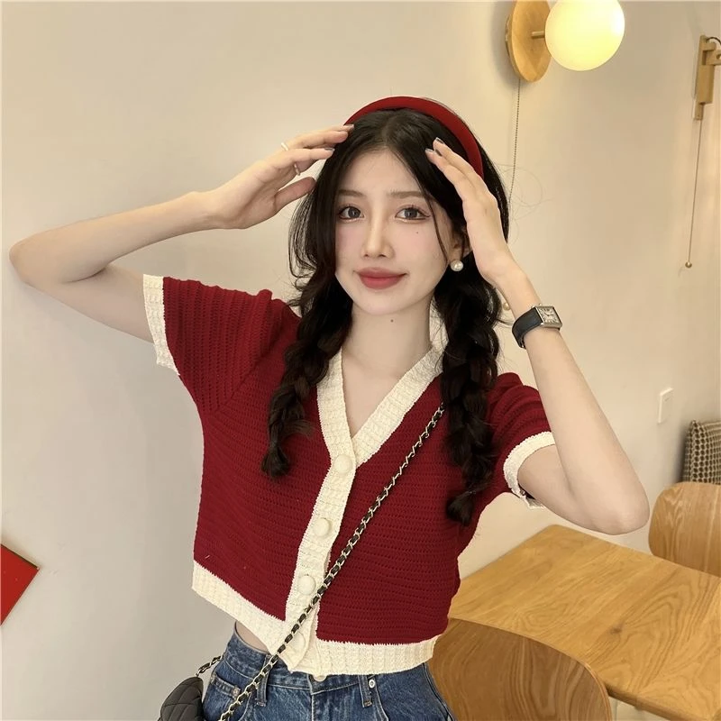 0069-小香风短袖针织衫女夏季撞色v领薄款开衫设计感短款冰丝上衣