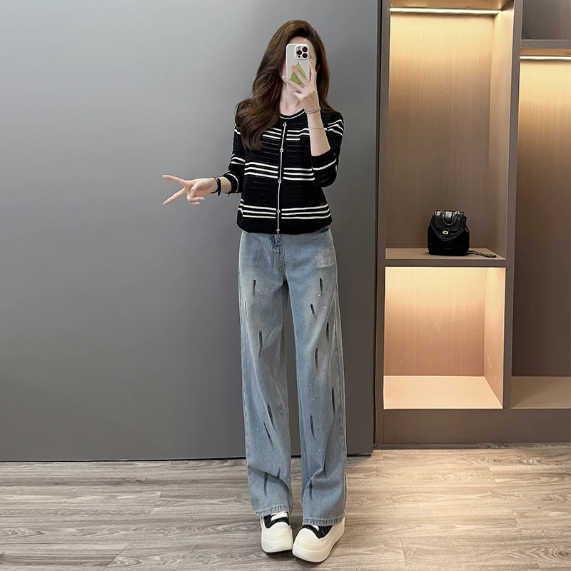 韩系穿搭秋装套装女减龄显瘦条纹针织衫毛衣牛仔裤休闲运动两件套