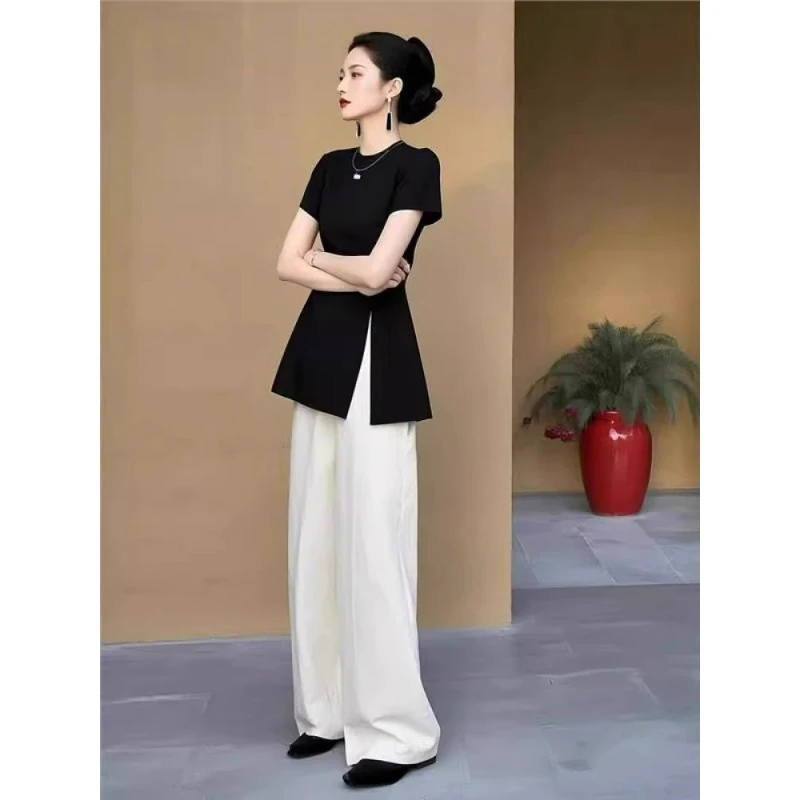 夏季搭配一整套时尚小个子减龄洋气高级感黑色短袖上衣阔腿裤套装
