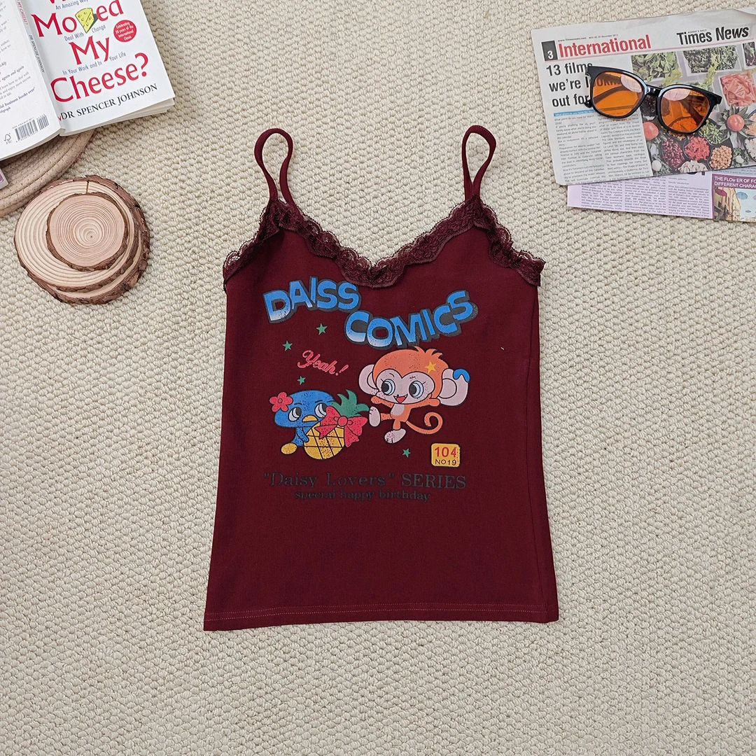 2025夏季新款韩版百搭卡通印花蕾丝吊带背心2309