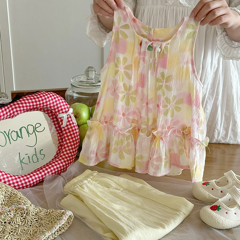 【橘子家】度假女童套装吊带背心休闲裤套装网红炸街HS62450