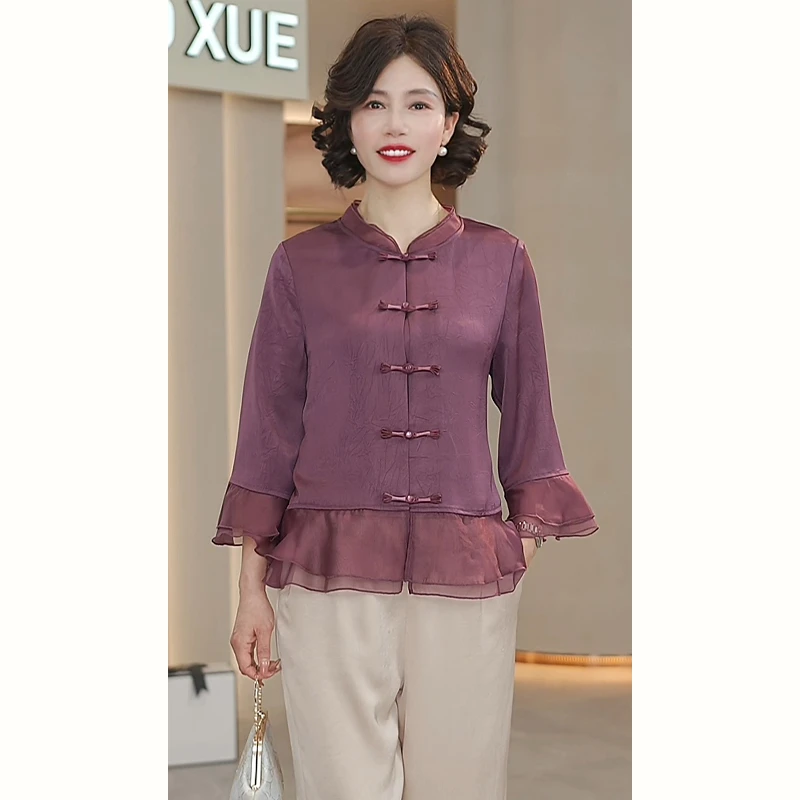 妈妈2025新款夏装中式短袖小衫套装洋气中老年女装气质上衣薄T恤