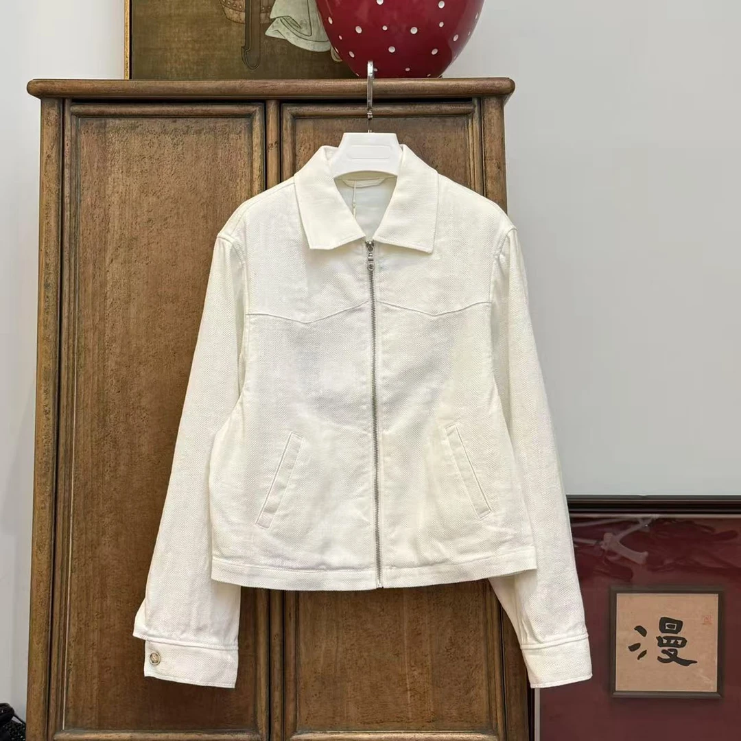 MYL2025年春季新款棉麻白色外套翻领拉链纯色休闲百搭外套