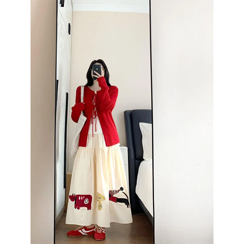 韩系气质温柔风宽松蝴蝶结绑带长袖针织开衫高腰显瘦休闲半身裙女