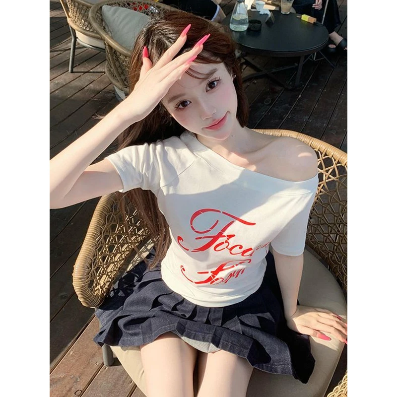 【ZHAP】新款斜肩字母印花短袖2025新款辣妹休闲t恤女夏季宽松百搭