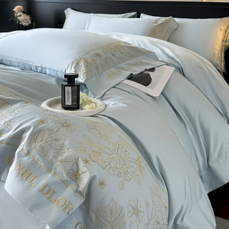 高端轻奢200支全棉四件套高级感花卉绣花被套纯棉床单笠床上用品4